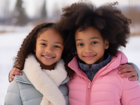 Two happy African-American girls look at the camera and smile in the winter parkの素材