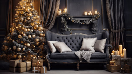Cozy winter living room with Christmas tree. Christmas and New Year conceptの素材