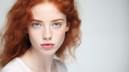 Portrait of beautiful teen girl with ginger hair, blue eyes, plump lips, naive facial expression. Natural beauty with freckles on the face. Advertising of cosmetics, perfumesの素材