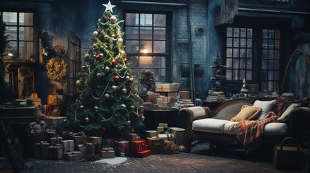 Cozy winter living room with Christmas tree. Christmas and New Year conceptの素材