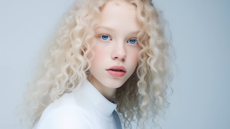 Beautiful albino teen girl with curly hair, naive facial expression and plump lips close-up. Natural beauty with glowing healthy skin. Advertising of cosmetics, perfumesの素材