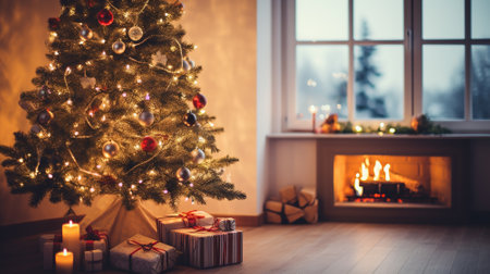 Cozy winter living room with Christmas tree and fireplace. Christmas and New Year conceptの素材