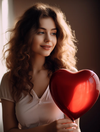 Portrait of young woman with wavy hair smiling gently while holding a red heart-shaped balloon in Valentines Dayの素材