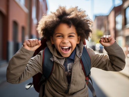 Portrait of a cheerful black little boy on his first school dayの素材