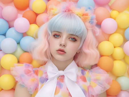 Colorful portrait of a girl in the style of cute doll against a backdrop of pastel ballsの素材
