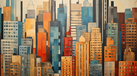 A vibrant cityscape showcases tall skyscrapers in various colors, reflecting a lively urban environment and sunny weather.の素材