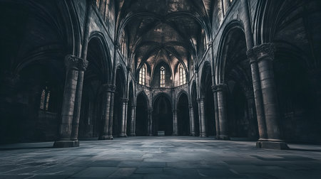 The interior of a historic church showcases grand arches and intricate stonework, illuminated by soft light filtering through stained-glass windowsの素材