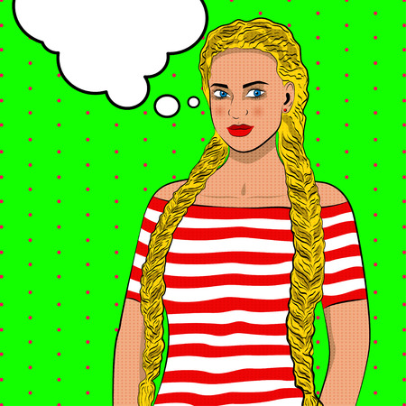 Pretty girl looks mysteriously at something. Cute woman with pigtails. Speech bubble. Vector illustration.のイラスト素材