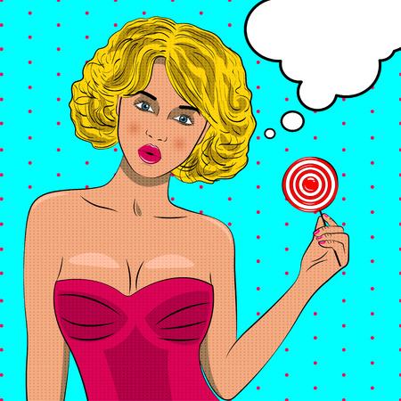 Pretty pop art girl with candy. Vintage advertising poster. Fashion woman with speech bubble. Vector illustration.のイラスト素材
