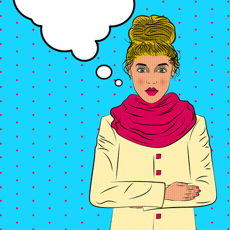Cute young woman wearing coat in pop art retro style. Cold weather. Loneliness and feelings. Autumn Winter weather.のイラスト素材