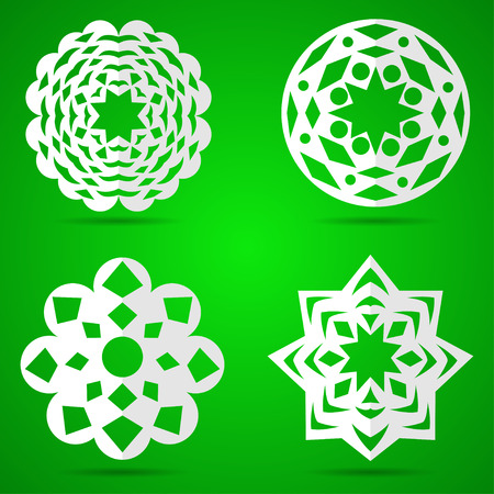 Set of white paper snowflakes on a green background. Background for winter and christmas theme. Vector illustration.のイラスト素材