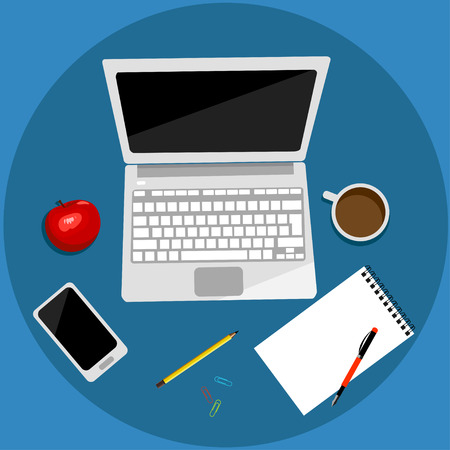 Realistic workplace organization. Top view with table, laptop and smartphone, diary and coffee mug. Desktop vector illustration.のイラスト素材
