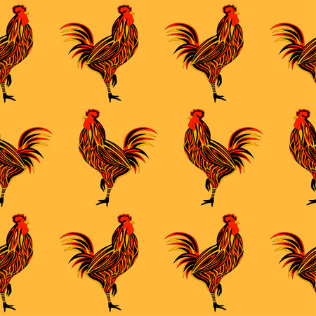 Rooster  illustration. Stylized colorful seamless rooster on orange backgroundのイラスト素材