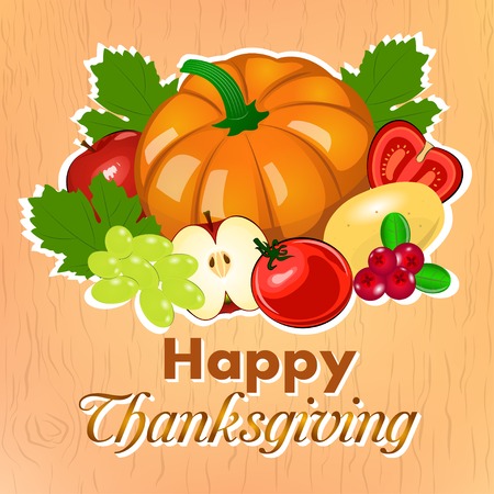 Happy Thanksgiving. Illustration of harvest fruits and vegetables. Autumn seasonal .のイラスト素材