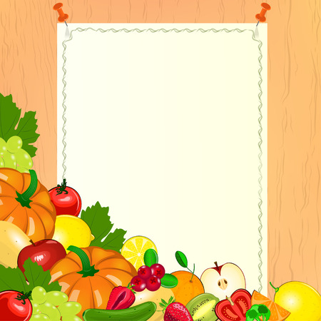 Thanksgiving menu. Paper with harvest of fruits and vegetables. Paper menu on woodenのイラスト素材