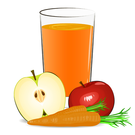 Vector illustration of glass with carrot, apple juice. Fresh fruits and vegetables.のイラスト素材