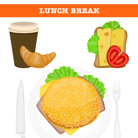 Lunch break with sandwich burger and coffee. Lunch products. Vector illustrationのイラスト素材