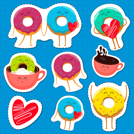 Funny cartoon donut characters stickers in leisure. Cartoon face food emoji. Donut emoticon. Funny food stickers. Vector illustration.のイラスト素材