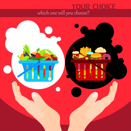 Healthy food choice poster template. Junk food vs healthy food. Black or white choice. Vector illustrationのイラスト素材