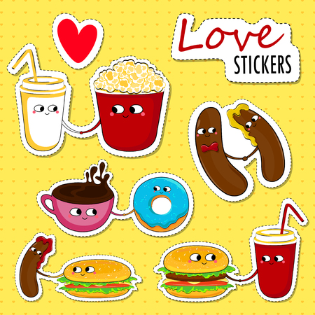 Fast food funny love stickers. Cute cartoon emoticons. Vector illustration.のイラスト素材