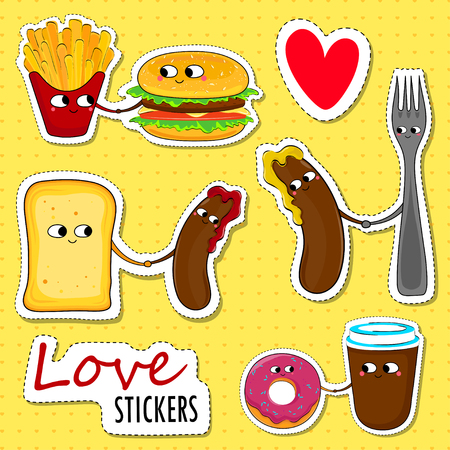Fast food funny love stickers. Cute cartoon emoticons. Vector illustration.のイラスト素材
