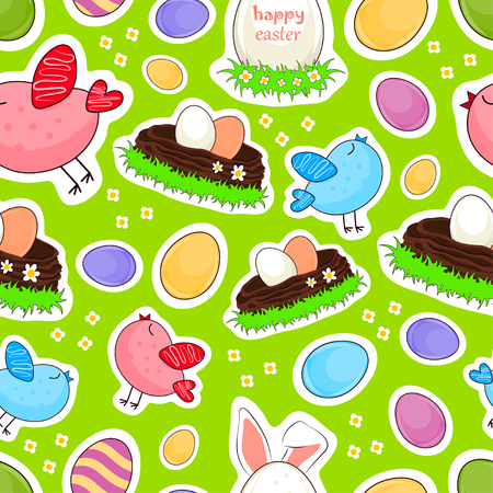 Happy easter vector seamless background. Easter eggs with birds and rabbit stickers.のイラスト素材