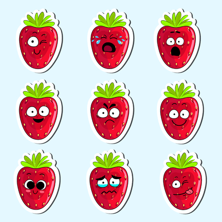 Cartoon strawberry cute character face isolated vector illustration. Funny sweet berry face icon collection. Cartoon face food emoji. Strawberry emoticon. Funny food sticker.のイラスト素材