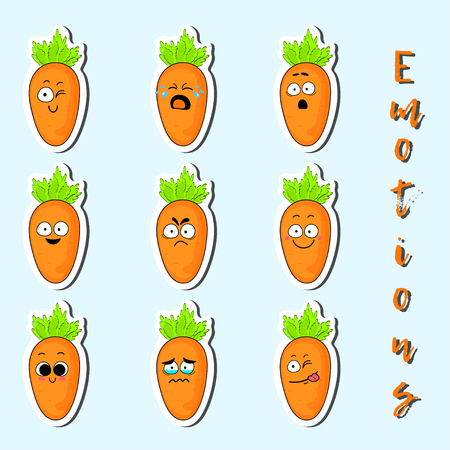 Cartoon carrot cute character face isolated vector illustration. Funny sweet vegetable face icon collection. Cartoon face food emoji. Carrot emoticon. Funny food sticker.のイラスト素材