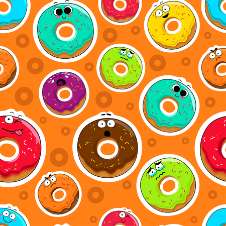 Cartoon donut cute characters face isolated vector illustration. Funny sweets face icon seamless background. Cartoon face food emoji. Sweets emoticon.のイラスト素材