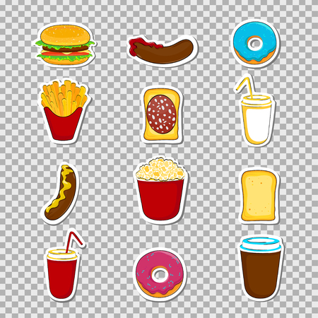 Fast food cartoon stickers and pathces. Vector illustration.のイラスト素材