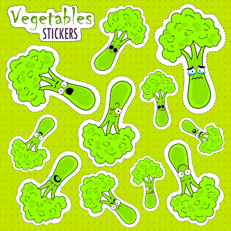 Cartoon broccoli cute character face isolated vector illustration. Funny vegetable face icon collection. Cartoon face food emoji. Broccoli emoticon. Funny food sticker.のイラスト素材