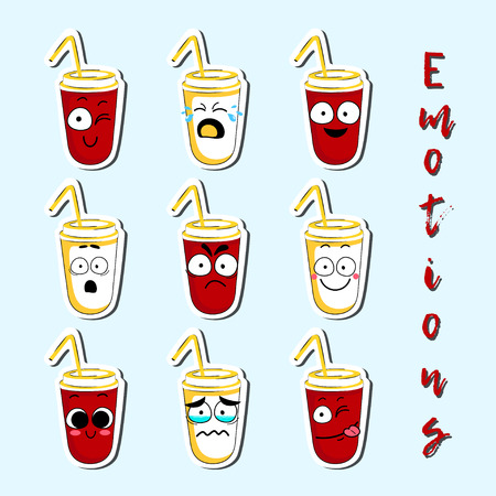 Cartoon beverage cup cute character face isolated vector illustration. Funny face icon collection. Cartoon face food emoji. Cartoon beverage emoticon. Funny food sticker.のイラスト素材