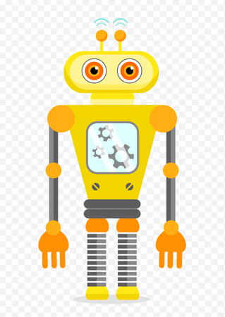 Yellow Cheerful Cartoon Robot Character With Two Antennas and Plot. Isolated vector robot on transparent background.のイラスト素材