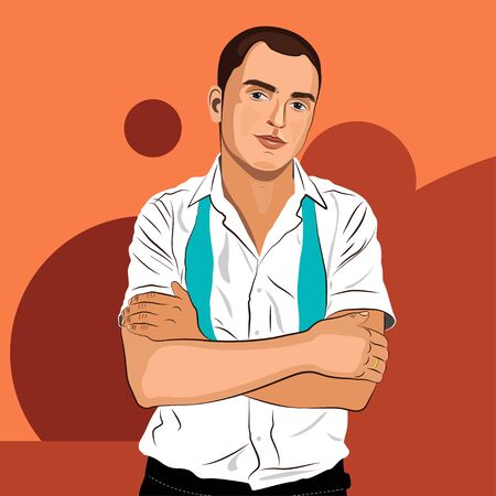 Elegant young man weared in a white shirt and a tie. Realistic hand drawn vector illustration.