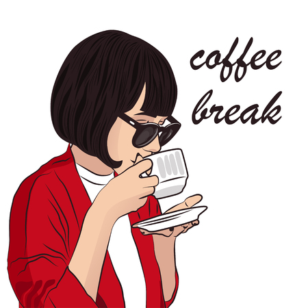 Girl with cup of coffee on white background. Coffee break vector illustrationのイラスト素材
