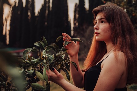 Portrait Trendy girl with hairstyle with red lips in black print dress on summer garden. mandarins. Redhead model in trendy summer dress in garden. Stylish hairstyleの写真素材