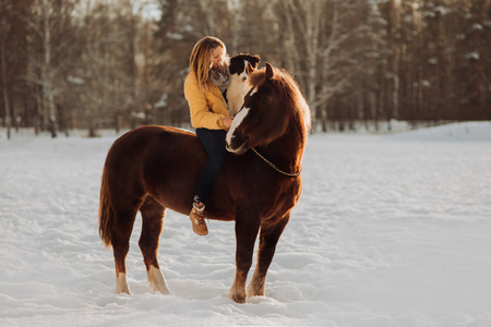 Young happy cute smiling woman with her dog border collie sit on horse in snow field on sunset.の写真素材