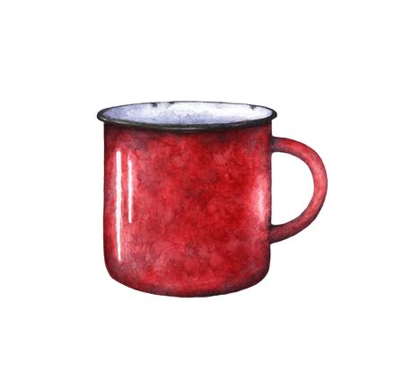 Red watercolor enamel  mug cup. Isolated on white background. Retro vintage style. Metal cute mugの写真素材
