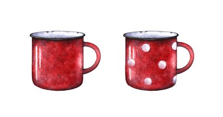 Red watercolor enamel polka dot mug cup. Isolated on white background. Retro vintage style. Metal cute cupの写真素材