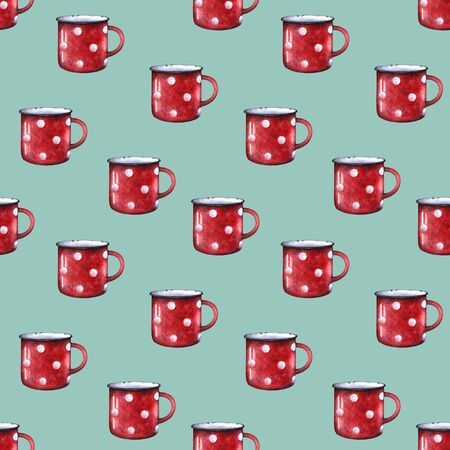 Watercolor red enamel polka dot mug cup seamless pattern. Isolated on white background. Retro vintage style. Hand drawn fabric print wrapping paper.Vintage repeating print designの写真素材