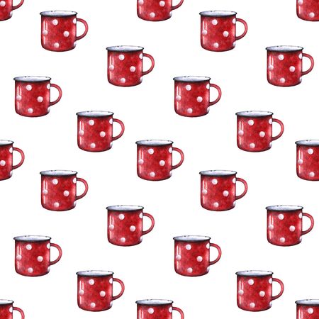 Watercolor red enamel polka dot mug cup seamless pattern. Isolated on white background. Retro vintage style. Hand drawn fabric print wrapping paper.Vintage repeating print designの写真素材
