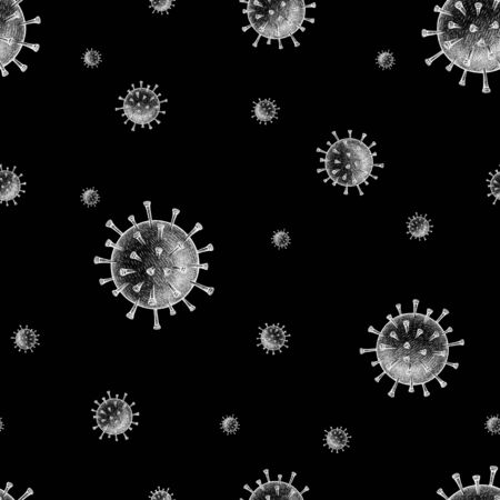 Hand drawn raster ink illustration of coronavirus. White on black Virus Covid-19 seamless patternの写真素材