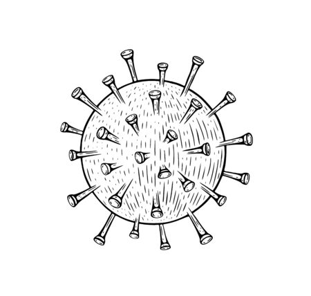 Hand drawn vector ink illustration of coronavirus. Black and white engraving Virus Covid-19 sketch.のイラスト素材