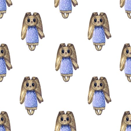Hand drawn watercolor and ink seamless pattern of toy rabbit in a dress. Decorative retro chevronの写真素材