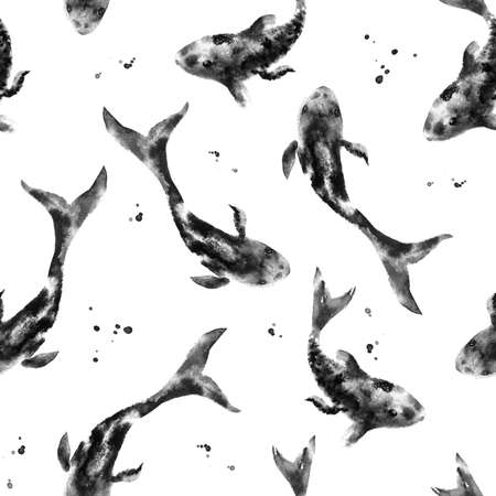 Fish koi carp ink and wash black and white pattern design. Japanese hand drawn painting styleの写真素材