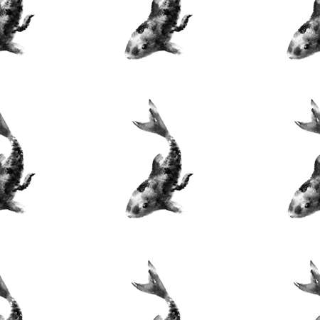 Fish koi carp ink and wash black and white pattern design. Japanese hand drawn painting styleの写真素材