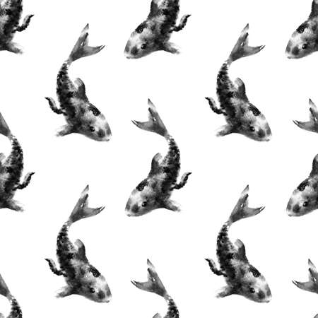 Fish koi carp ink and wash black and white pattern design. Japanese hand drawn painting styleの写真素材