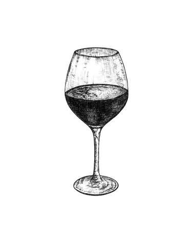 Hand drawn ink black and white illustration of glass of wine drink. Hatcing detailed styleの写真素材