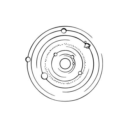 Hand drawn black and white vector ink illustration of solar system. Schematic representationのイラスト素材