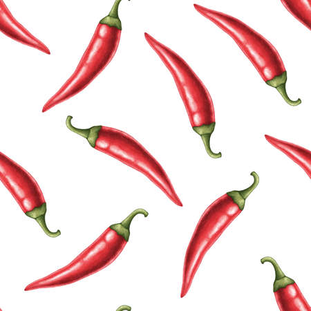 Seamless pattern of red hot chili pepper, whole pod. Hand drawn watercolor illustration isolated on white backgroundの写真素材